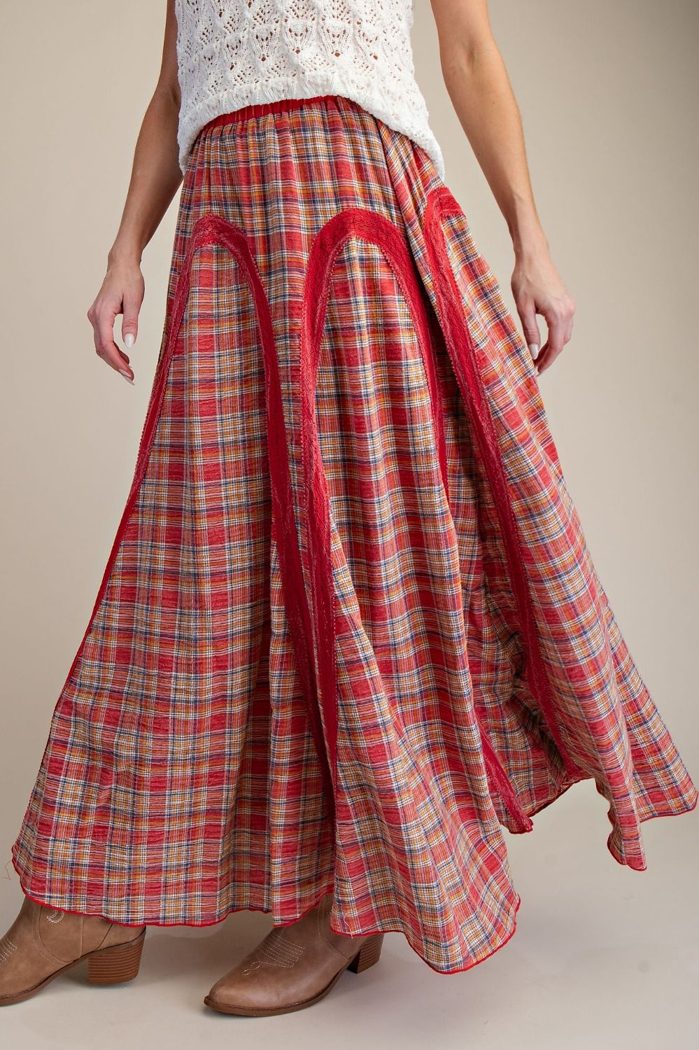 PLAID MIX LACE TRIM WASHED MAXI SKIRT