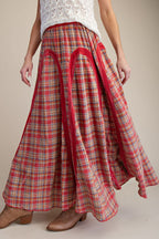 PLAID MIX LACE TRIM WASHED MAXI SKIRT