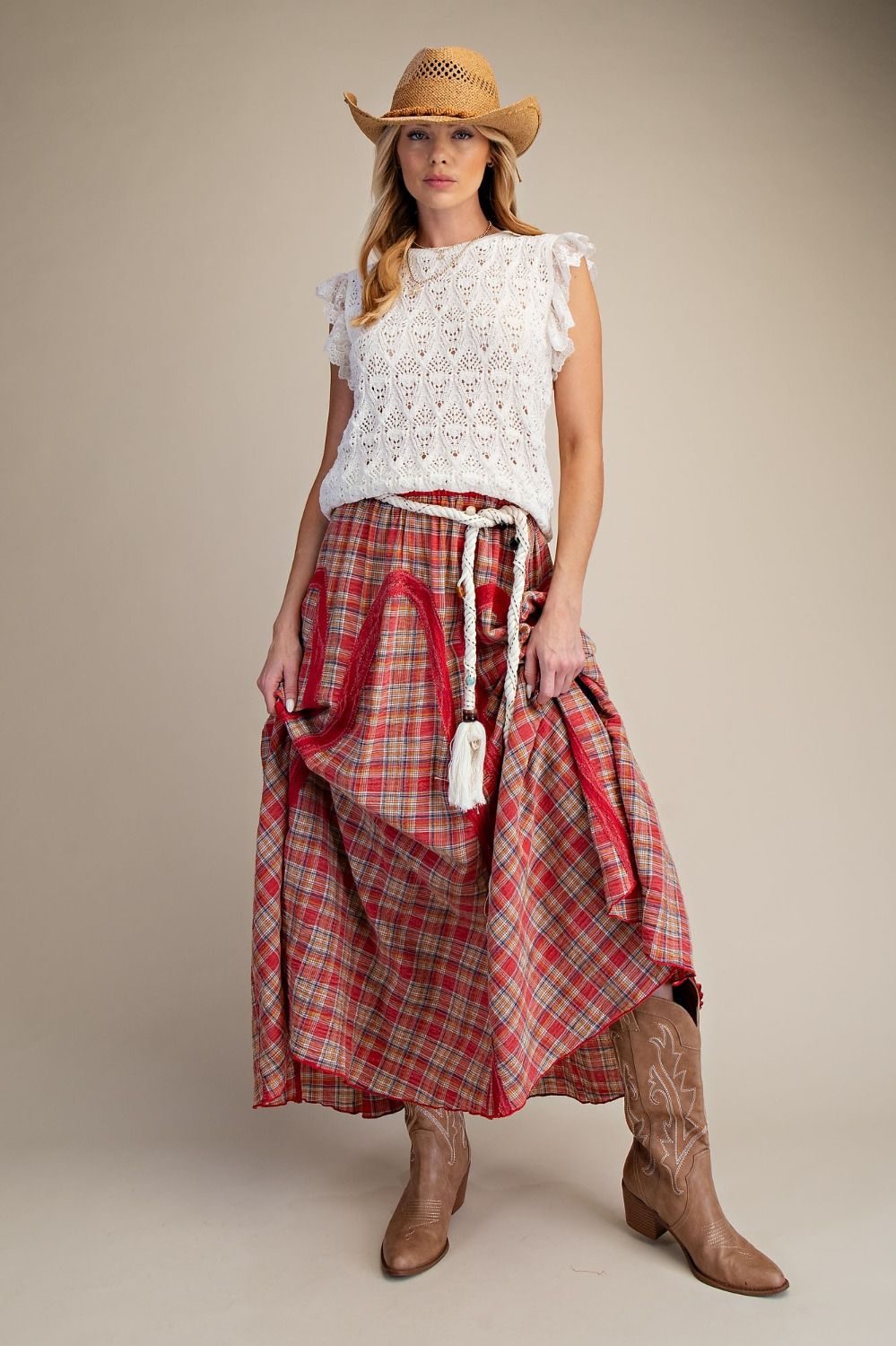 PLAID MIX LACE TRIM WASHED MAXI SKIRT