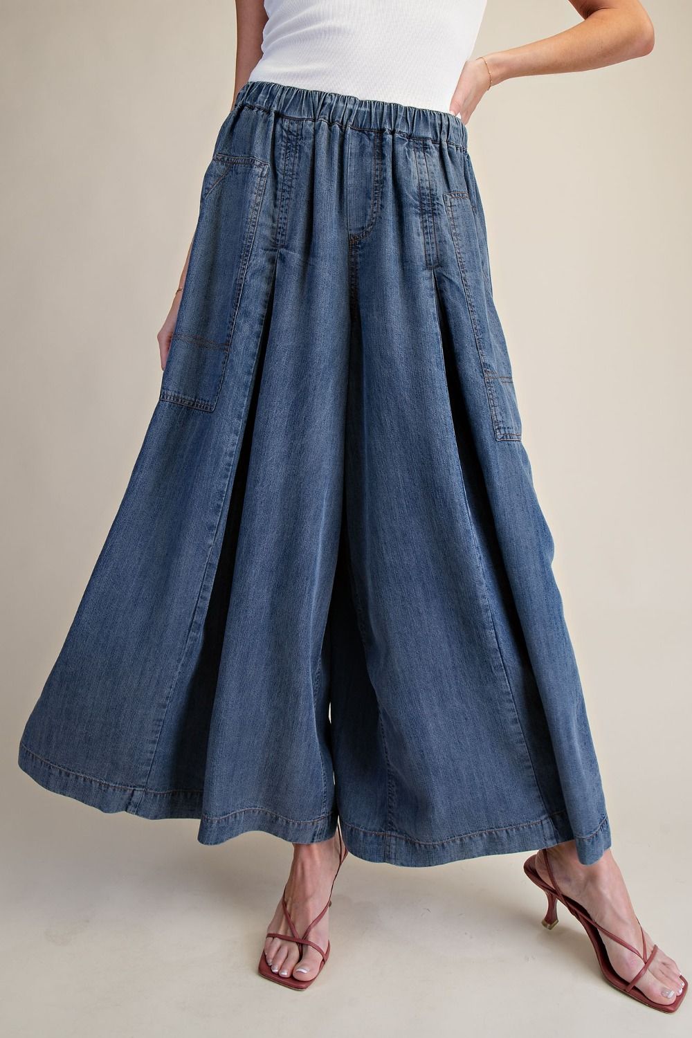 WIDE LEG WASHED DENIM PALAZZO PANTS