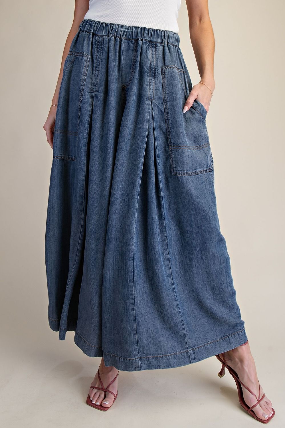 WIDE LEG WASHED DENIM PALAZZO PANTS