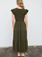 Flutter Sleeve V Neck Smocked Midi Dress