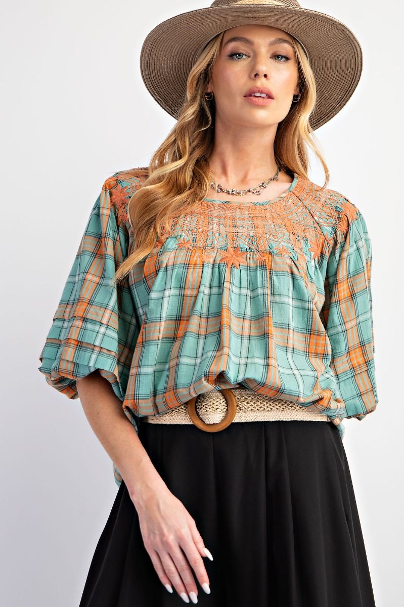 Seafoam & Citrus Plaid Blouse