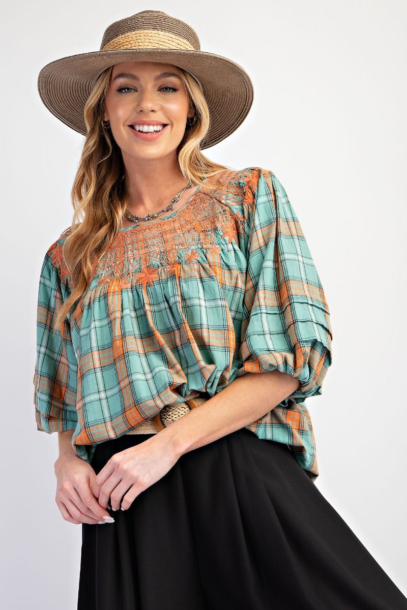 Seafoam & Citrus Plaid Blouse