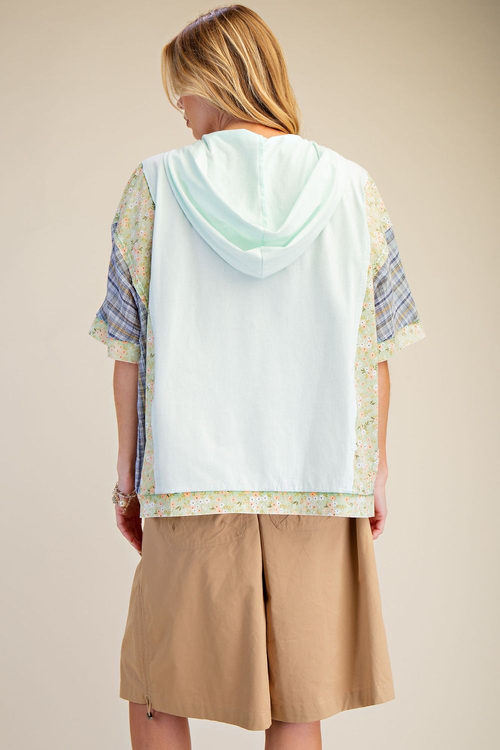 FLOWER AND PLAID PRINTED HOODIE PULLOVER