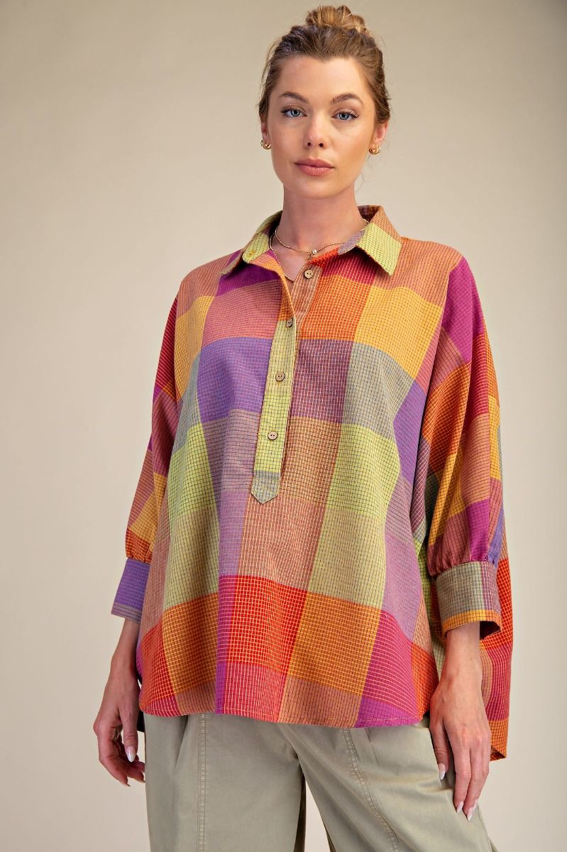 PLAID PATTERNED BUTTON DOWN OVERSIZED SHIRT
