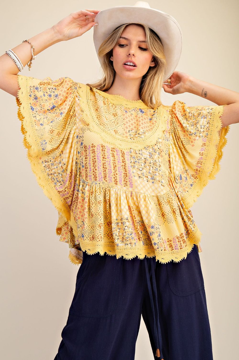 PATCHWORK PRINTED GAUZE PONCHO TOP