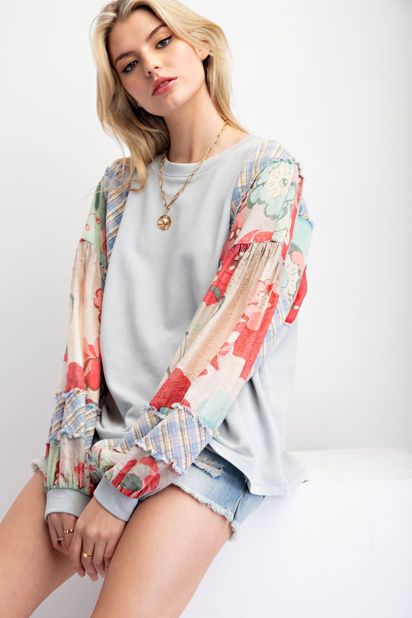 Floral Sky Mixed Media Blouse