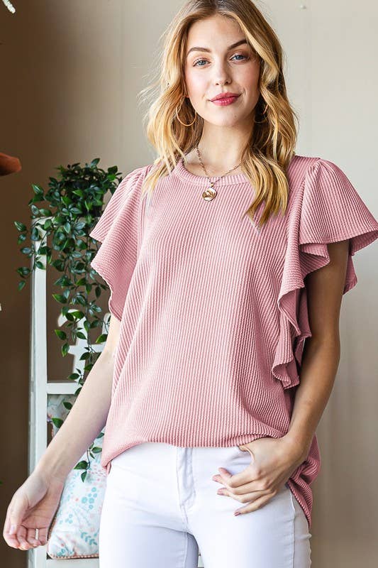 SHORT RUFFLED SLEEVE SOLID URBAN RIBBED TOP