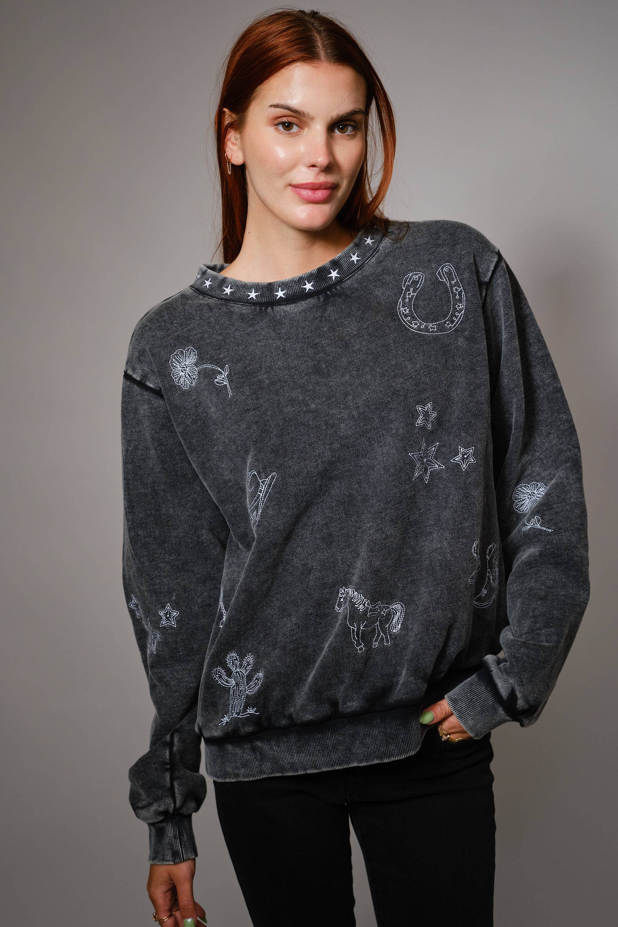 Mineral Wash Western Embroidered Sweatshirt
