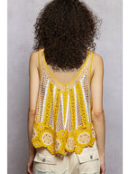 V-Neck Sleeveless Scalloped Edge Stripe Border Crochet Top