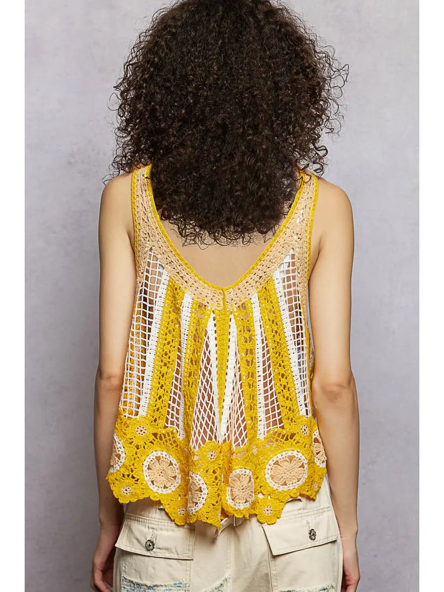 V-Neck Sleeveless Scalloped Edge Stripe Border Crochet Top