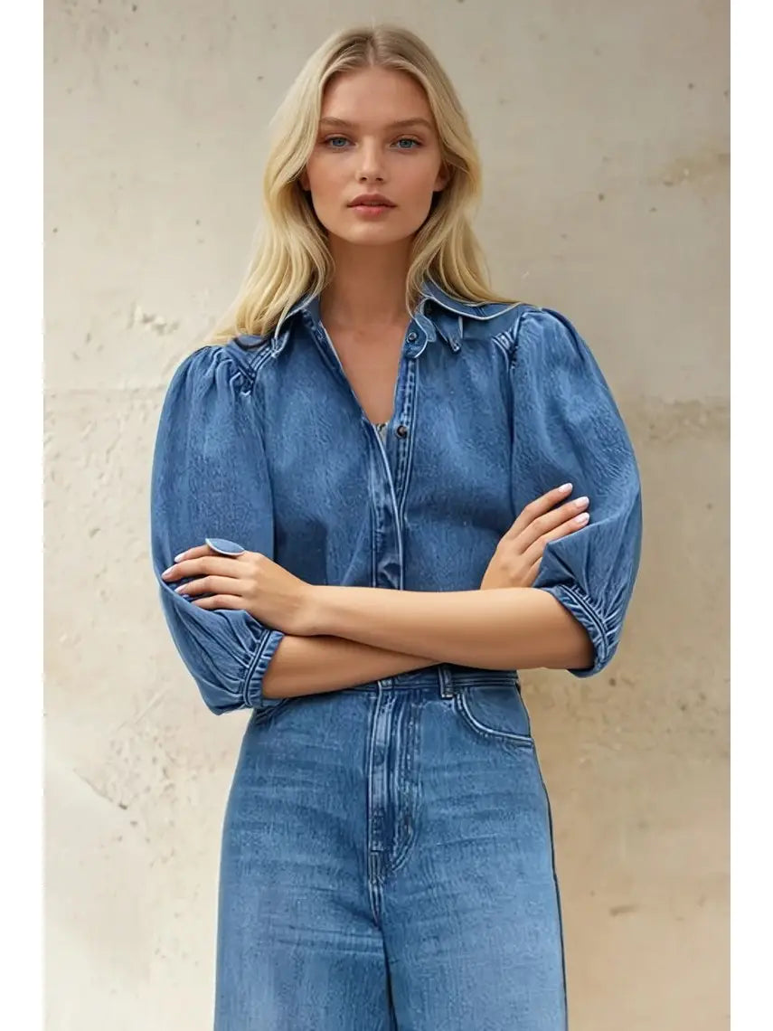 Balloon Sleeved Denim Blouse