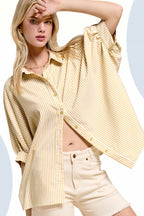 Relaxed Striped Button-Down 3/4 Sleeve Shirt