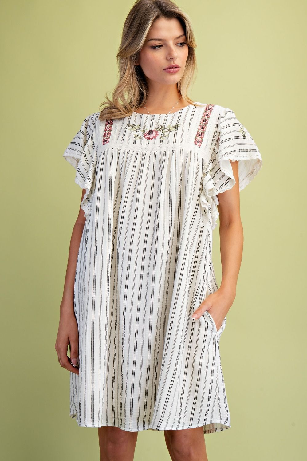 EMBROIDERY STRIPED COTTON GAUZE DRESS