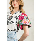 Embroidered Puff Sleeve Print Top