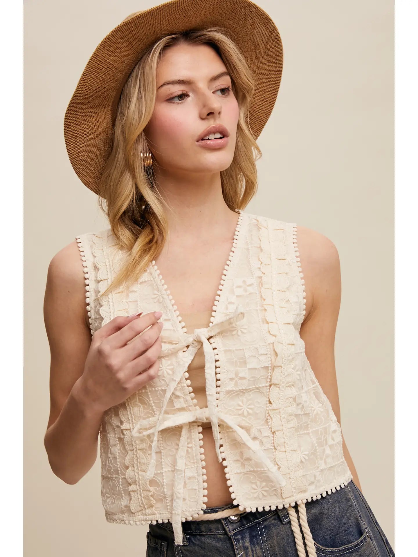 Embroidered Lace Tie Vest