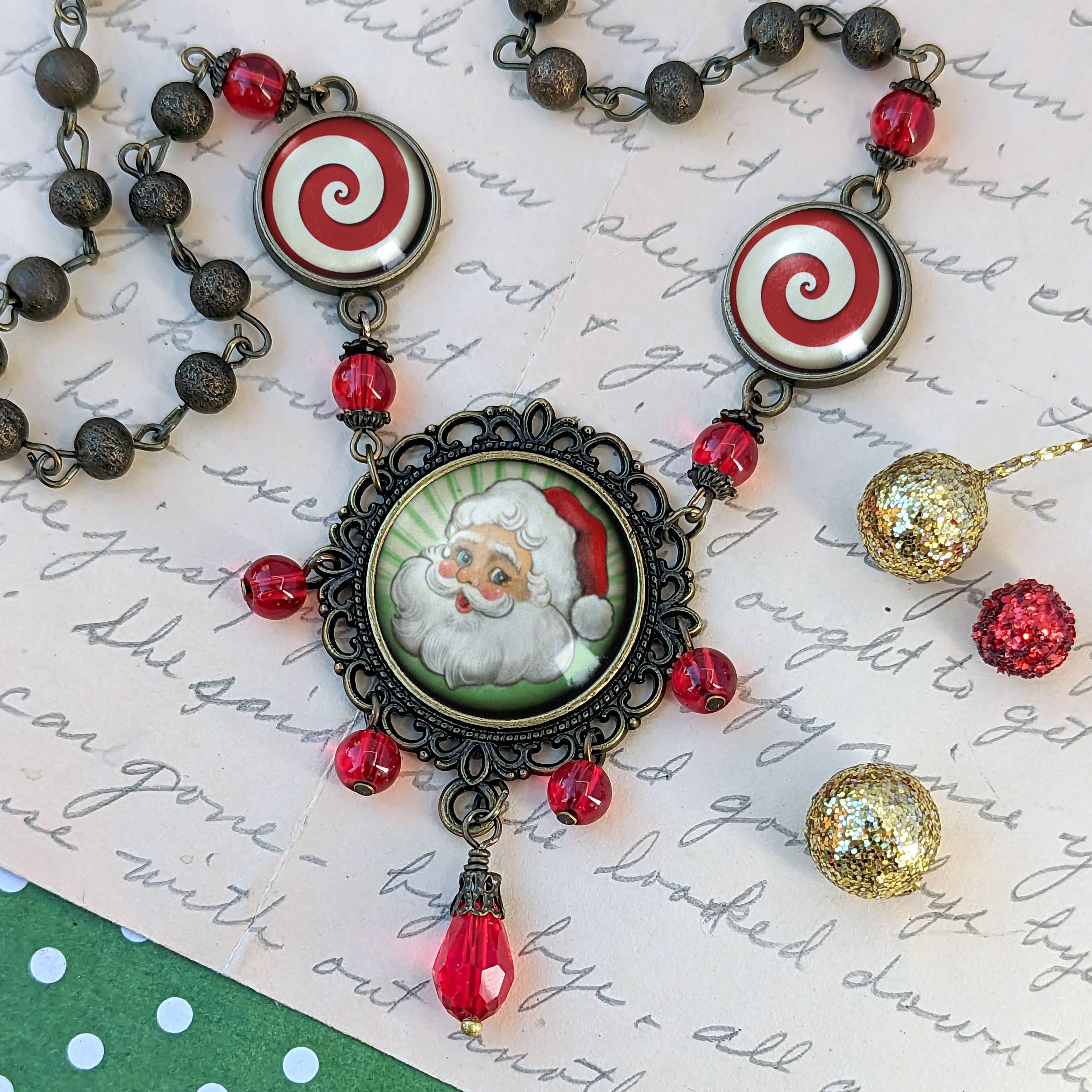 Retro Santa Green Necklace with Red Beads